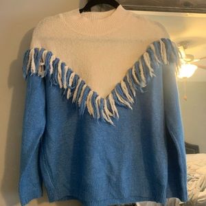 Vestique Blue and White Fringe Sweater